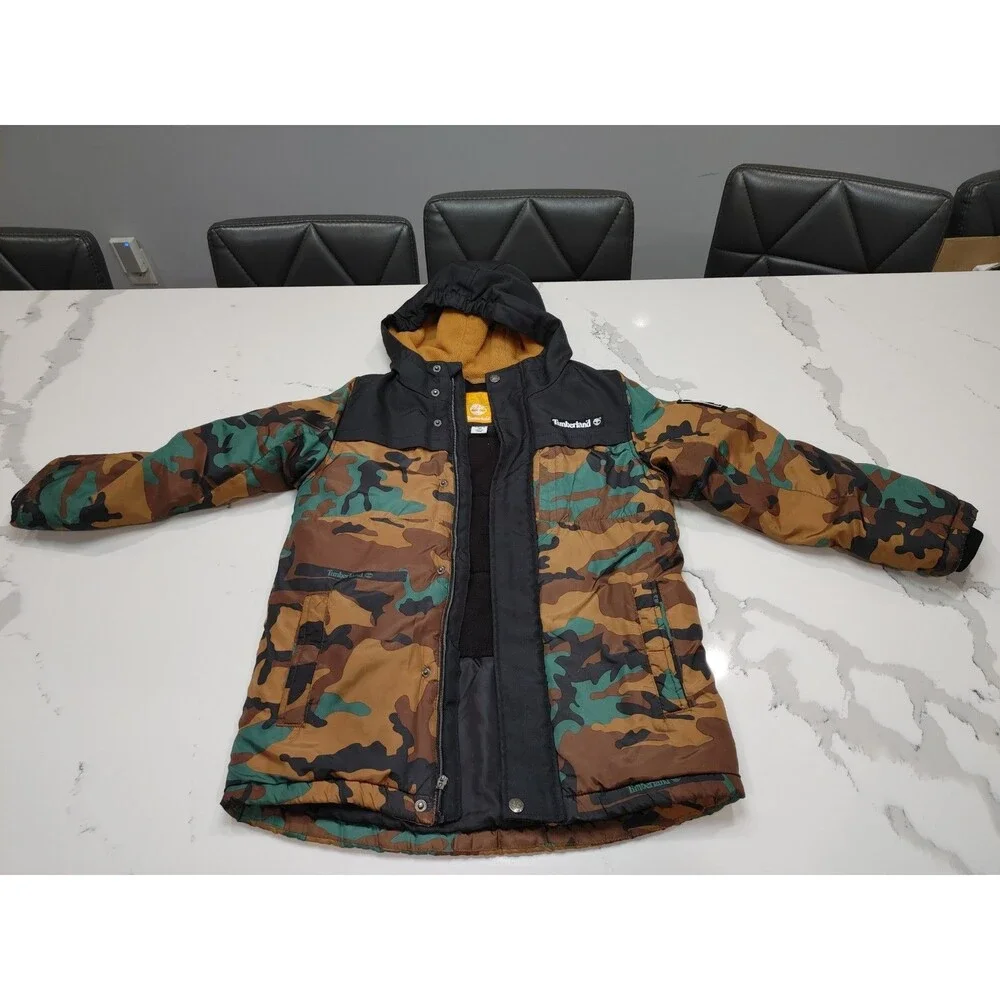 Timberland Boys Kids Puffer Coat Full Zip Hooded Jacket (Camouflage, S- 8) (0010
